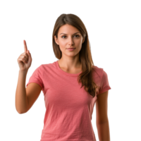 Woman standing with a raised finger, expressing an idea, isolated against a transparent background, woman pointing at something with her fingerisolated on transparent background png