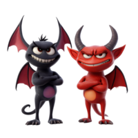 Cartoon devil characters with mischievous expressions standing confidently on a transparent background, 3D Cartoon Devil Characters on transparent background png