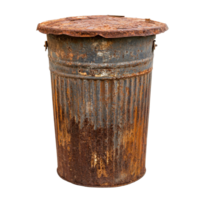 Old rusty metal trash can isolated on a transparent background, showcasing its weathered texture and charming imperfections, old rusty metal trash can isolated on transparent background png