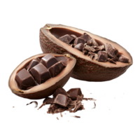 Cocoa pod split open revealing rich dark chocolate pieces and shavings set against a transparent background, Cocoa isolated on alpha layer png