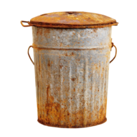 An old rusty metal trash can with a lid, isolated against a transparent background, old rusty metal trash can isolated on transparent background png