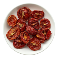 Dried tomatoes arranged on a transparent plate isolated against a clean background showcasing vibrant red hues, dried tomato in plate isolated on transparent background png
