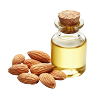 Almond oil and raw almonds arranged artistically against a clean transparent background, Almond oil and almonds nuts isolated png