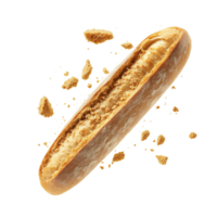 Freshly baked baguette with floating crumbs on a clean transparent background showing its texture and structure, Fresh Baguette with Crumbs Floating isolated on transparent background png