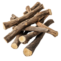 Liquorice roots stacked on a transparent background, showcasing their natural texture and brown color, Liquorice roots isolated on transparent background png