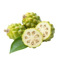 Fresh noni fruit with green leaves displayed on a clean transparent background for natural product showcase, Noni fruit with leaf on transparent background png