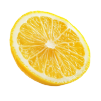 A fresh slice of lemon fruit positioned on a clean transparent background, showcasing its vibrant yellow color and texture, Slice of lemon fruit isolated on transparent background png