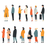 Diverse group of people standing in line at a vibrant location waiting for an event in the afternoon, Diverse people standing and waiting png