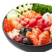 Chirashi sushi featuring a colorful assortment of fresh seafood and vegetables in a black bowl against a transparent background, Chirashi sushi Isolated transparent background png