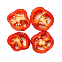 Freshly sliced red sweet bell pepper segments on a clean transparent background perfect for culinary use and presentation, Red sweet bell pepper slices isolated on transparent background png