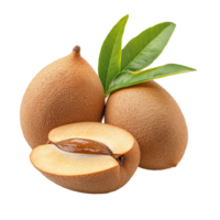 Sapodilla fruit on transparent background showcasing its natural color and texture with green leaves, Sapodilla fruit isolated on transparent background png