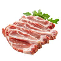 Freshly sliced pork meat with garnish on a clean transparent background ready for cooking or serving, Meat, pork, slices pork on transparent background png