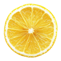 Fresh lemon slice isolated on a transparent background showcasing vibrant yellow color and juicy texture, lemon slice isolated png
