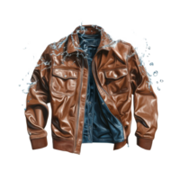 Leather jacket splashing in water on a transparent background creates a striking visual contrast for fashion enthusiasts, jacket leather and water provided on transparent background png
