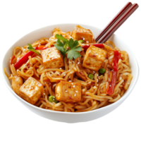Delicious stir-fried rice noodles with tofu and vegetables in a transparent bowl ready to be enjoyed for any meal, Stir Fried Rice Noodle with tofu on transparent background png