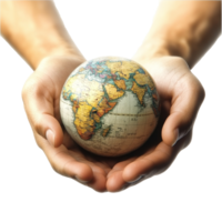 Hands holding a globe symbolizing care for the planet in an isolated setting on a transparent background, earth globe on palm hands isolated on transparent background png