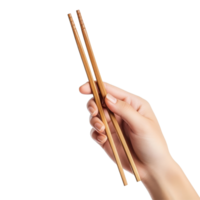 A hand skillfully holding wooden chopsticks over a surface, ready to enjoy delicious Chinese food, Hand holding wooden chopsticks, Chinese food sticks isolated on transparent background png
