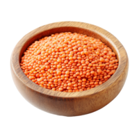 Red lentils in a wooden bowl on a transparent background, showcasing their vibrant color and texture, red lentils in wood bowl on transparent background png