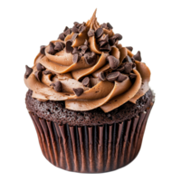 Indulge in a decadent chocolate mud cupcake topped with creamy frosting and chocolate chips, perfect for any dessert occasion, chocolate mud cupcake isolated on transparent background png