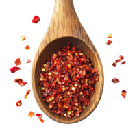 A wooden spoon filled with red pepper flakes arranged on a clean transparent background for culinary presentation, pile of red pepper in wood spoon on transparent background png