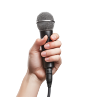 A hand gripping a microphone symbolizes expression and communication on a transparent background, Hand Holding Microphone Isolated on transparent background High Resolution png