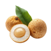 Fresh half longan with a whole fruit and green leaf isolated on a transparent background, fresh half longan isolated on transparent background png