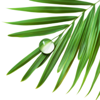 A shimmering water drop rests on a green palm leaf against a clean transparent background, showcasing nature's beauty, water drop on green leaf of palm tree on transparent backgroundfile png
