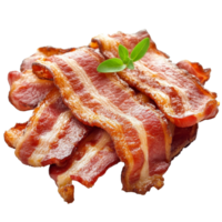 crujiente tocino tiras arreglado pulcramente en un transparente antecedentes con un adornar de Fresco hierbas, tocino aislado en transparente antecedentes png