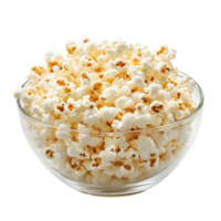 Freshly popped popcorn in a clear bowl on a transparent background, ideal for snacking during movie nights or gatherings, popcorn in bowl isolated on transparent background png