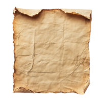 An aged and wrinkled sheet of paper with torn edges set against a clean transparent background for artistic use, Old Paper Sheet Isolated on transparent background png