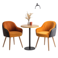 Cozy chairs with a round table and decorative elements on a clean transparent background, perfect for a relaxed setting, Cozy Chairs and Table on transparent background png
