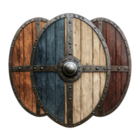 Viking medieval shields displayed together on a transparent background showcasing various colors and textures, Viking Medieval Shields Isolated on transparent background png