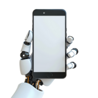 Robotic hand grasping a blank smartphone in a minimalist setting with a transparent background, Robotic Hand Holding Blank Smartphone Isolated on transparent background png