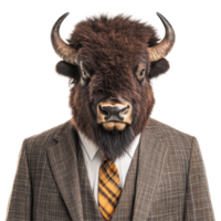 A bison wearing a business suit on a plain transparent background showcases unique creativity and humor, Bison Leader in Business Attire on transparent background png