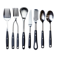 A collection of essential kitchen utensils arranged neatly on a transparent background for culinary use and reference, Kitchen utensil on transparent background file png