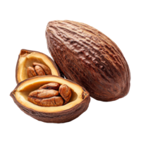 Cocoa pod and beans isolated on a transparent background showcasing the natural texture and rich color of cocoa in a clean, simple arrangement, Cocoa isolated on transparent background png