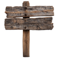 Old wooden signboard standing alone against a transparent background, showcasing rustic charm and timeless design, old wooden signboard isolated on transparent background png