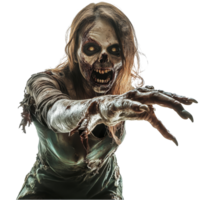 A terrifying female zombie reaches out with claw-like hands against a stark transparent background in a chilling portrayal, Female Zombie Reaching Out with Claws on transparent background png