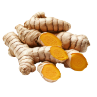 Fresh turmeric roots with vibrant orange interior arranged on a clean transparent background for culinary use, fresh turmeric on transparent background png