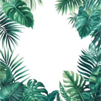 Tropical palm leaves create a lush green frame against a bright transparent background in a vibrant botanical display, green botanical tropical palm leaves frame on transparent background png