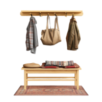 Stylish coat rack with bench and patterned rug against a clean transparent backdrop creating a welcoming entryway look, Coat rack with bench and rug isolated on transparent background png