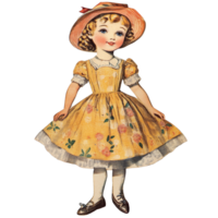 Charming vintage paper doll in Victorian style with floral dress and sun hat, evoking a nostalgic childhood, vintage 1950s paper doll cupie doll victorian style isolated transparent background png