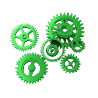Various green gears arranged on a flat isolated transparent background showcasing mechanical design elements, green gears flat 3d isolated transparent background png