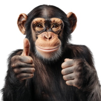 Chimpanzee giving a thumbs up against a transparent background, showcasing its playful expression and friendly demeanor, Chimpanzee Giving ThumbsUp Isolated on transparent background png