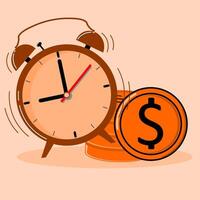 An alarm clock and coins are shown next to each other vector