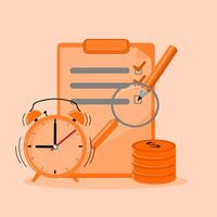 A clipboard, a clock and a stack of coins vector