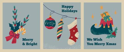 Merry Christmas and Happy New Year greeting cards collection set in retro style vector