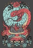 Hand drawn colorful illustration with snake - symbol of the year according to eastern horoscope and her child. Loving mother. Graphic artwork with esoteric, gothic and mystic concept vector