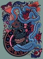 Hand drawn colorful illustration with skull, old watch and snake - symbol of the year according to eastern horoscope. Graphic artwork with esoteric, gothic and mystic concept vector