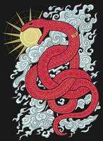 Hand drawn colorful illustration with sun, clouds and snake - symbol of the year according to eastern horoscope. Graphic artwork with esoteric, gothic and mystic concept vector